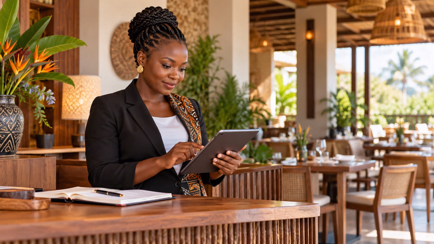 Professionnelle de l’hôtellerie consultant un site de réservation sur une tablette