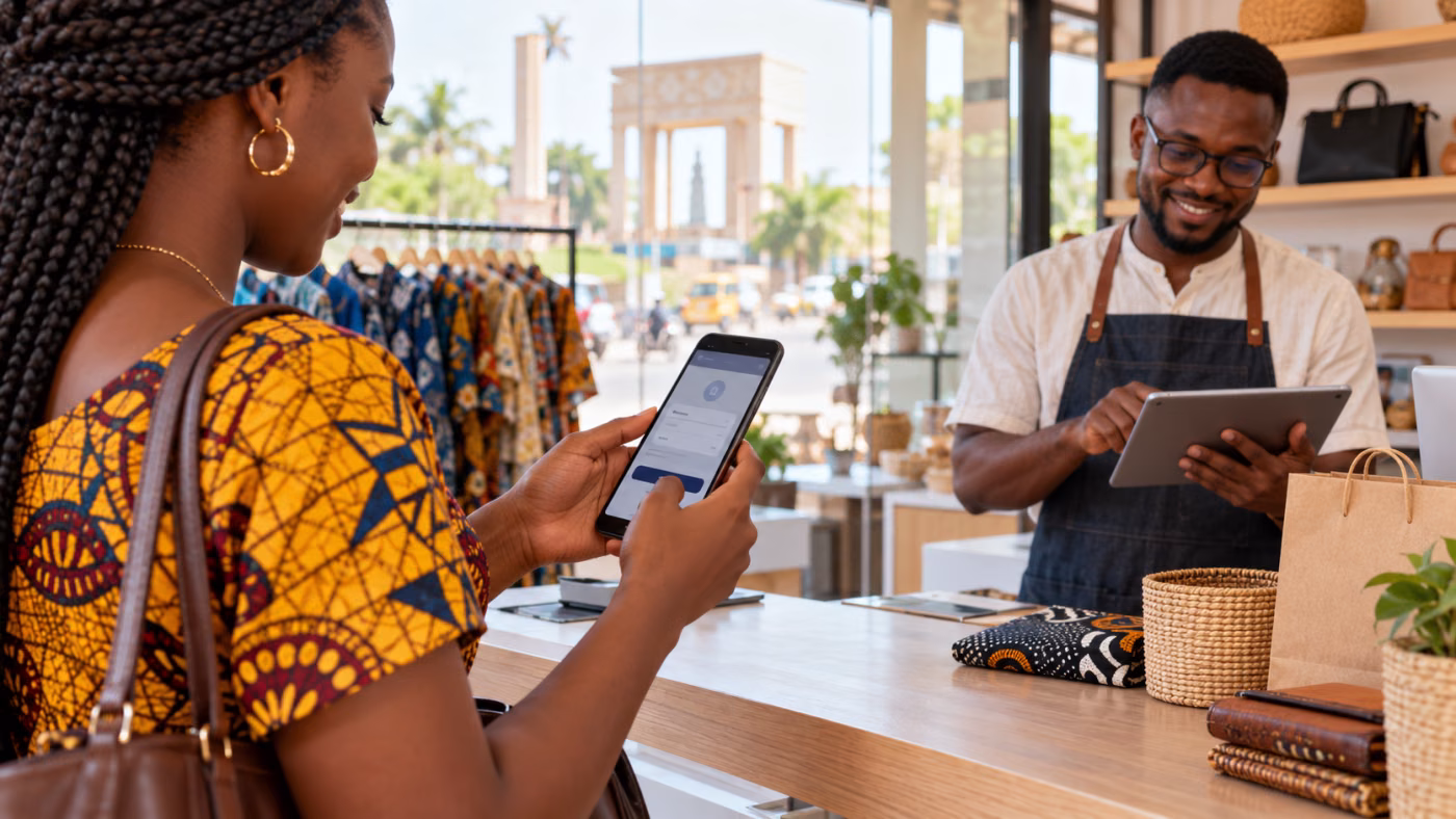Cliente effectuant un paiement sur smartphone devant un commerçant équipé d’une tablette